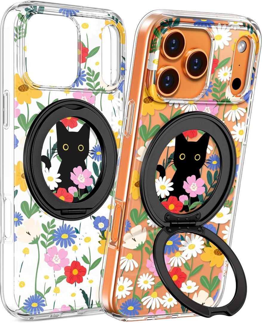 Loheckle for iPhone 17 Pro Max Case - Compatible with MagSafe Stand Women Girls Cute Clear Aesthetic Kawaii Unique Design Soft TPU Built-in Magnetic Stand Phone Cover for Apple 17 Promax, Cat Flower