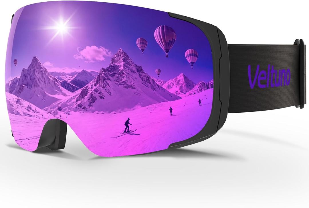 Ski Goggles for Men Women Adult & Youth, OTG Snowboard Goggles Anti Fog, Snow Goggles UV Protection Wide Vision (Black Frame/Revo Purple Lens (Vlt 14.7%))