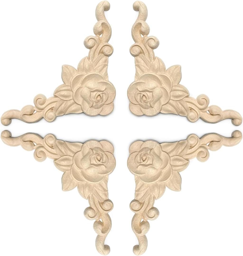 4 Pcs Wood Appliques and onlays for Furniture Decorative Wooden Carved Corner Appliques Decal 5.9inch Unpainted Molding Trim Corner for Wall Furniture Wardrobe Mirror Closet DIY Decoration