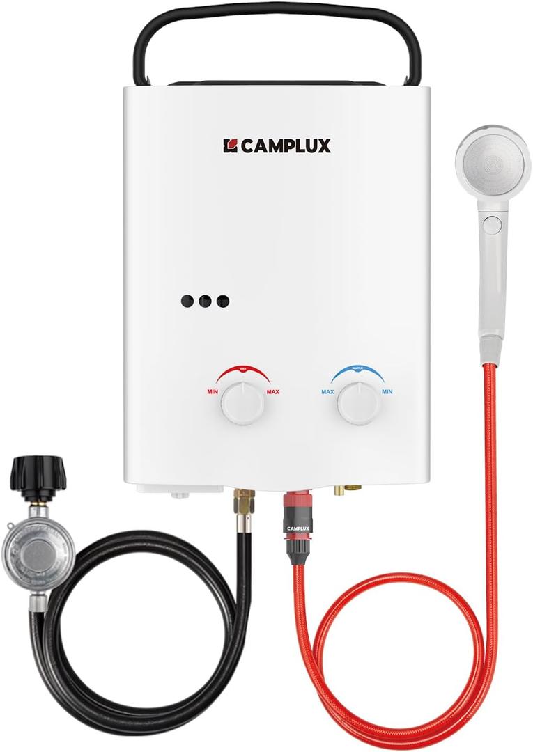 CAMPLUX Tankless Water Heater Outdoor, 1.32 GPM Portable Propane Camping Water Heater, 5L, AY132, White