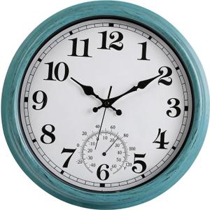16 Inch Large Outdoor Clock Retro Waterproof Clock Non-Ticking Indoor/Outdoor Wall Clock with Thermometer, Battery Operated for Pool, Patio, Garden, Green
