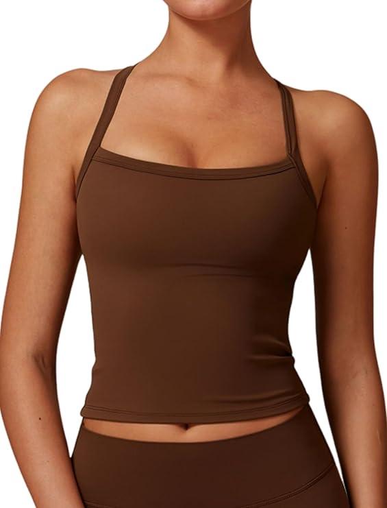 QBGJTD Womens Longline Sports Bras Cross Back Active Gym Yoga Padded Workout Crop Tank Top with Built in Bra, M