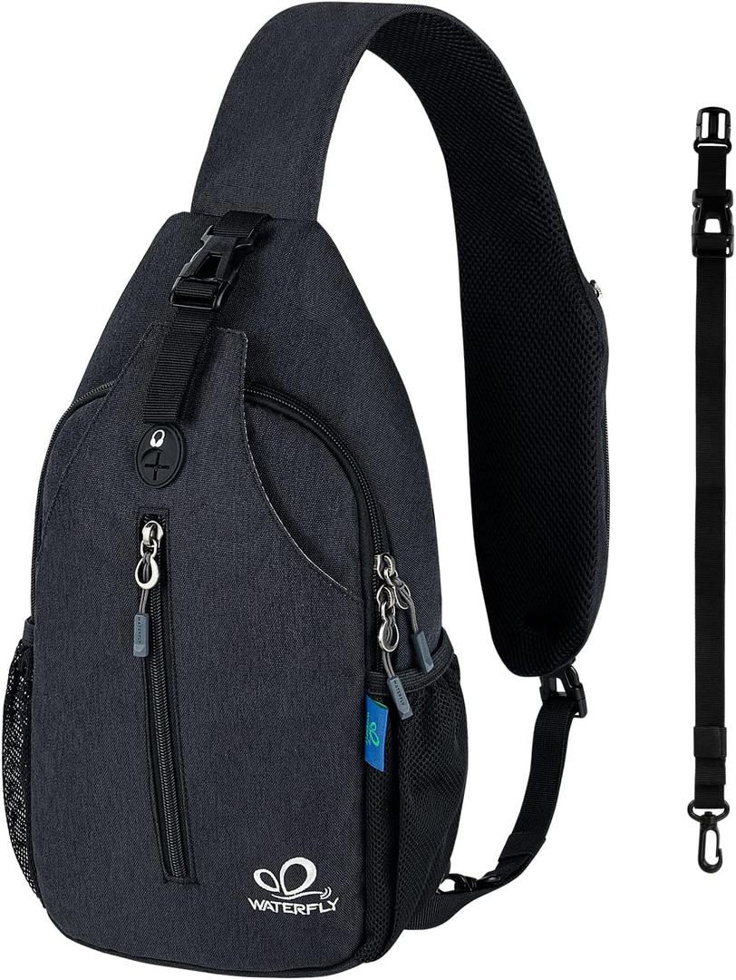 WATERFLY Small Hiking Sling Bag: Crossbody Sling Backpack Chest Bag Daypack for Men Women with Skin-Friendly Shoulder Strap (Black)