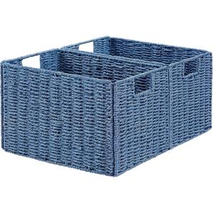 Vagusicc Wicker Storage Basket, Set of 2 Hand-Woven Paper Rope Wicker Basket, Large Storage Baskets for Organizing Toilet Paper, Foldable Cube Storage Organizer Bins for Shelves (Blue)