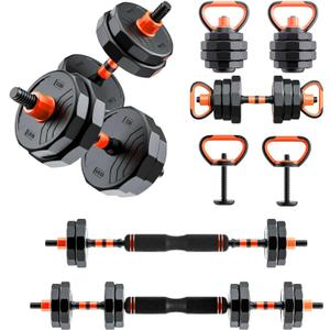 RUNWE Adjustable Dumbbell Barbell Set - 66 lb All-in-one Free Weight, 4 in1 Dumbbell, Kettlebell Pair, Barbell and Push up Bar [Upgraded Double-lock Nuts]