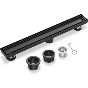 EXF Linear Shower Drain 34 Inch Matte Black with Reversible Flat & Tile Insert Cover, Stainless Steel Rectangle Bathroom Floor Drain with Hair Catcher, Adjustable Feet