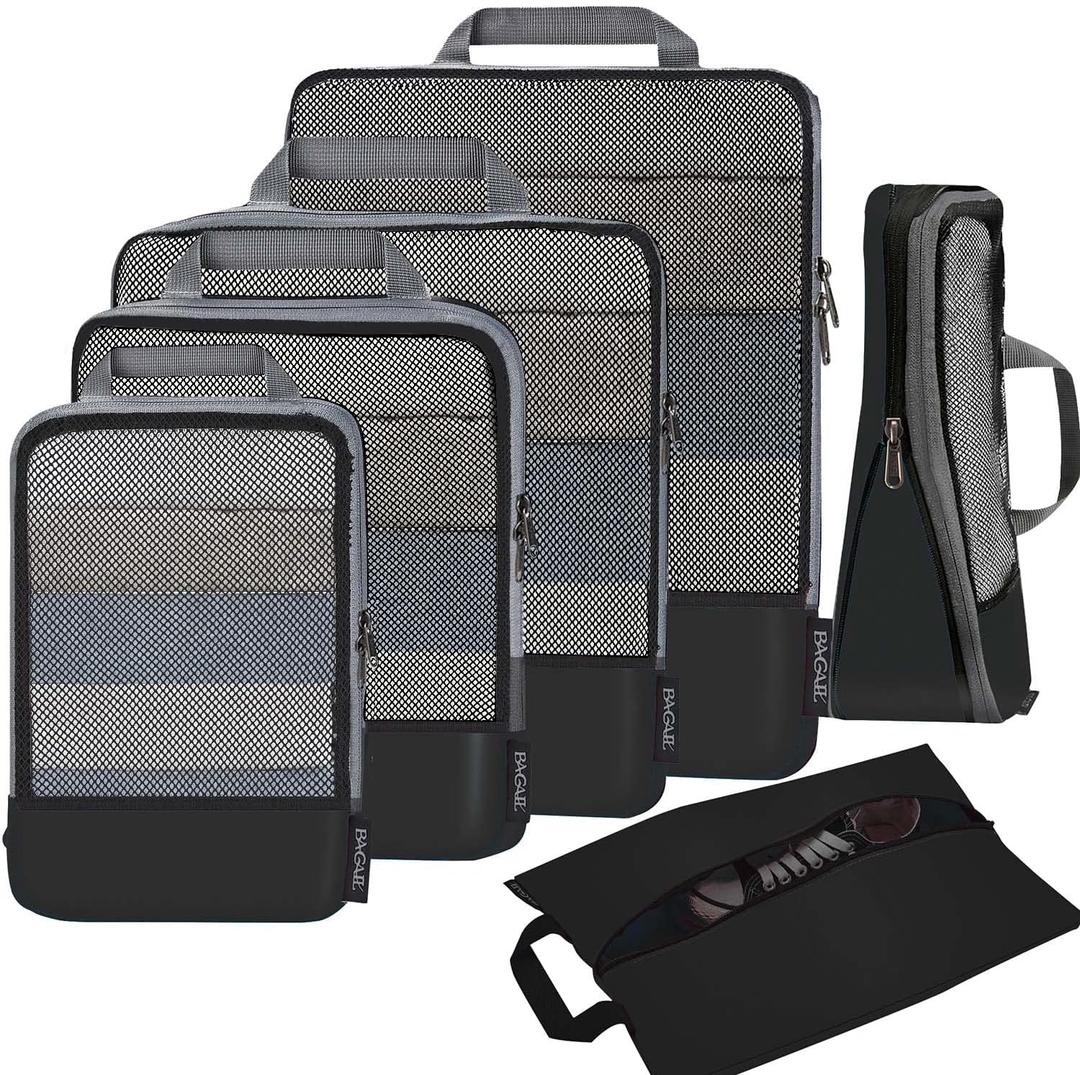 BAGAIL 4 Set/6 Set/8 Set Compression Packing Cubes Travel Accessories Expandable Packing Organizers(Black HalfMesh 6 Set) (6-Black)