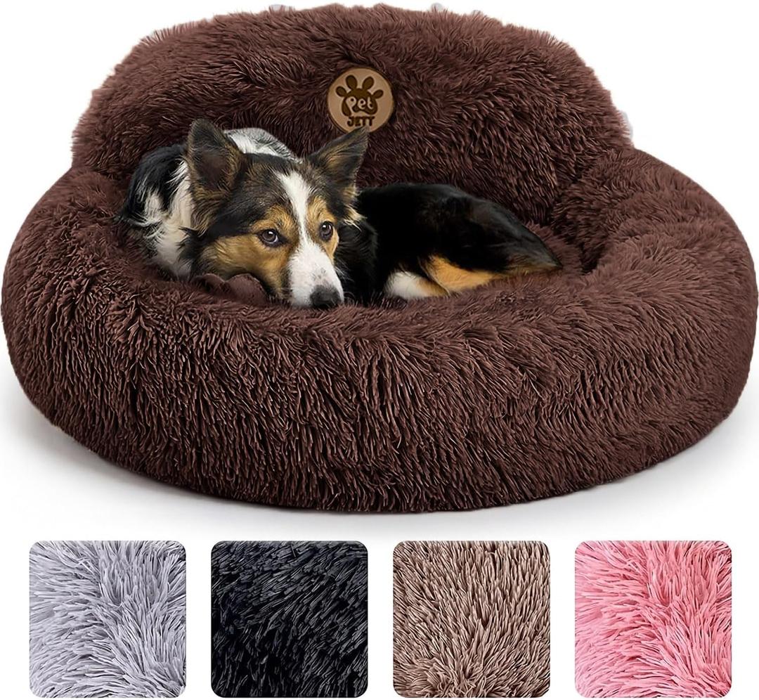 PetJett Calming Dog Bed Medium Size Dog - 30'' Donut Bed, Anti-Slip & Washable Super Soft Fluffy Plush Round Bed, Anti-Anxiety Premium Comfort Pet Bed, Fits Dogs up to 45 lbs - Brown