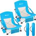 AKSOUL Folding Beach Chair for Adults: Low/High Back Chairs with Carry Bag - Extra Wide Seat Chair with Comfortable Pillow & Storage Pocket (1 Pack & 2 Pack, Blue) (Low Back Blue 2 Pcs)