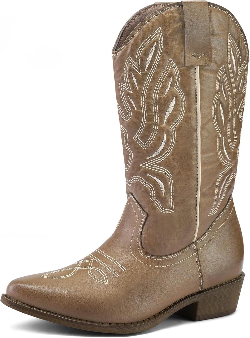 mysoft Women's Western Cowboy Boots Embroidered Mid-Calf Pointed Toe Cowgirl Boot (7.5, Light Brown)