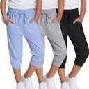 3 Pack Girls Capri Joggers Casual Teen Drawstring Cropped Sweatpants Summer Kids Lightweight 3/4 Pants with Pocket, Light Blue, Light Gray, Black 13-14y