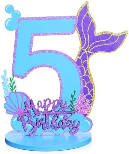 Mermaid Birthday Number Sign Centerpiece for Girls Wooden Mermaid Party Number Table Sign Decoration Supplies for Birthday Anniversary (Number 5)