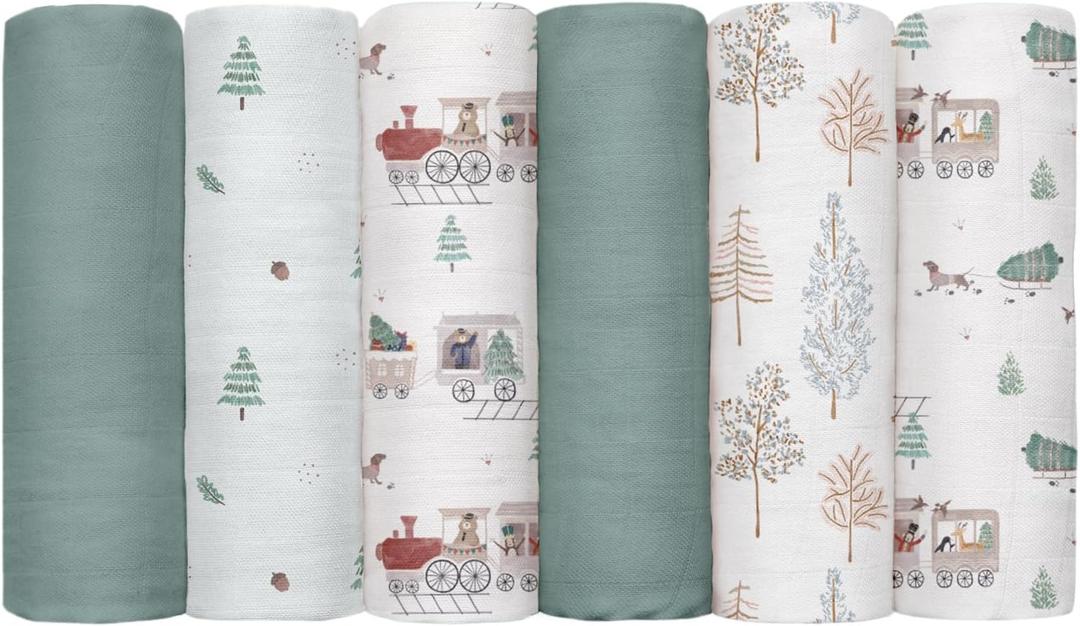 GLLQUEN BABY Receiving Blanket Boy Cotton Muslin Swaddle Blankets Girl Newborn Squares Breathable & Soft Thin Baby Blankets Cloths Double Absorbent Infant Swaddling Wrap - 6 Pack (Pine Tree & Train)