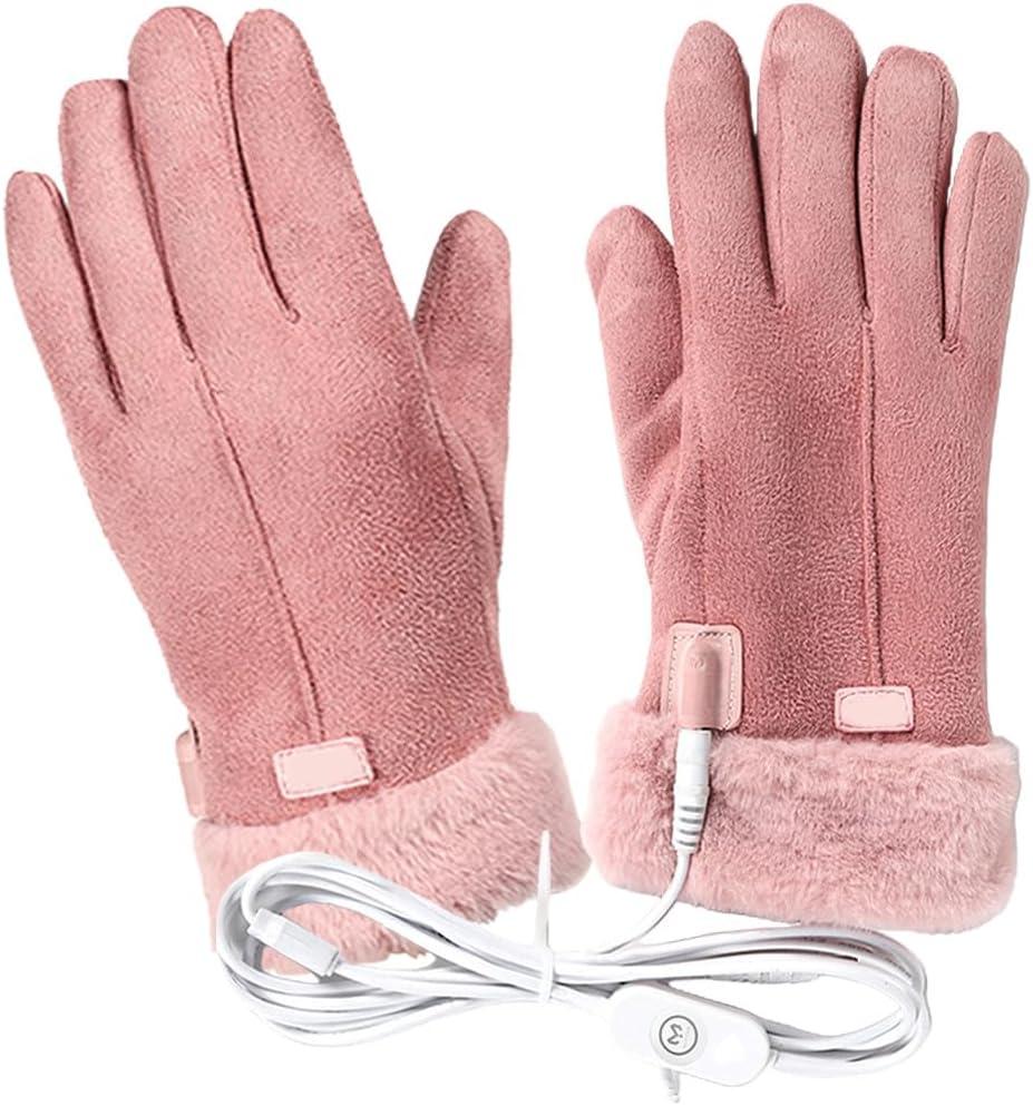 YARNOW USB Heated Gloves for Women, Pink, Leather Coral Fleece Lined, Winter Hand Warmers with Touchscreen Fingers for Outdoor Activities