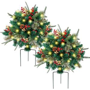 Glintoper Lighted Artificial Christmas Urn Filler, Prelit Xmas Pine Trees with Cones, Golden & Red Berries, Tripod Stake and 60 LED Lights, Outdoor Light Up Planter Filler Holiday Home Decor, 2 Pack