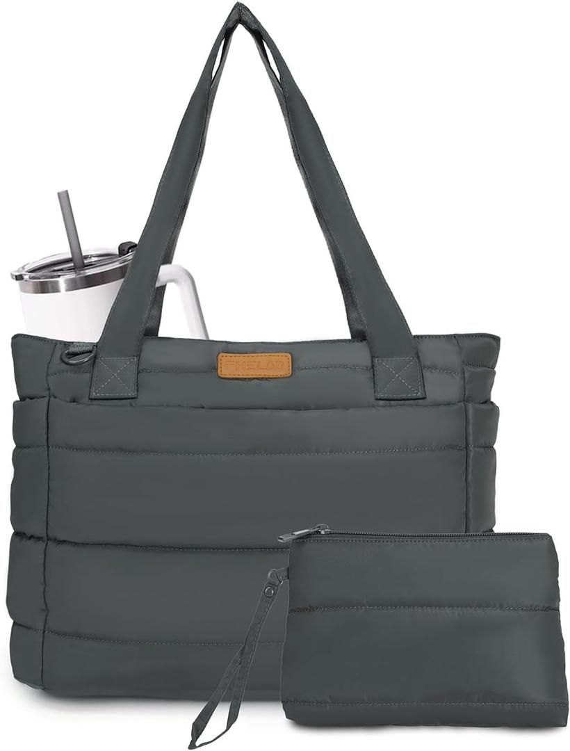 Lightweight Puffer Tote Bag for Women, Quilted Shoulder Bag with Laptop Compartment, Travel, Work, School, Teacher | 15.6" Laptop Sleeve, Foldable Design, Cup Holder Pocket, Daily Carry On Bags