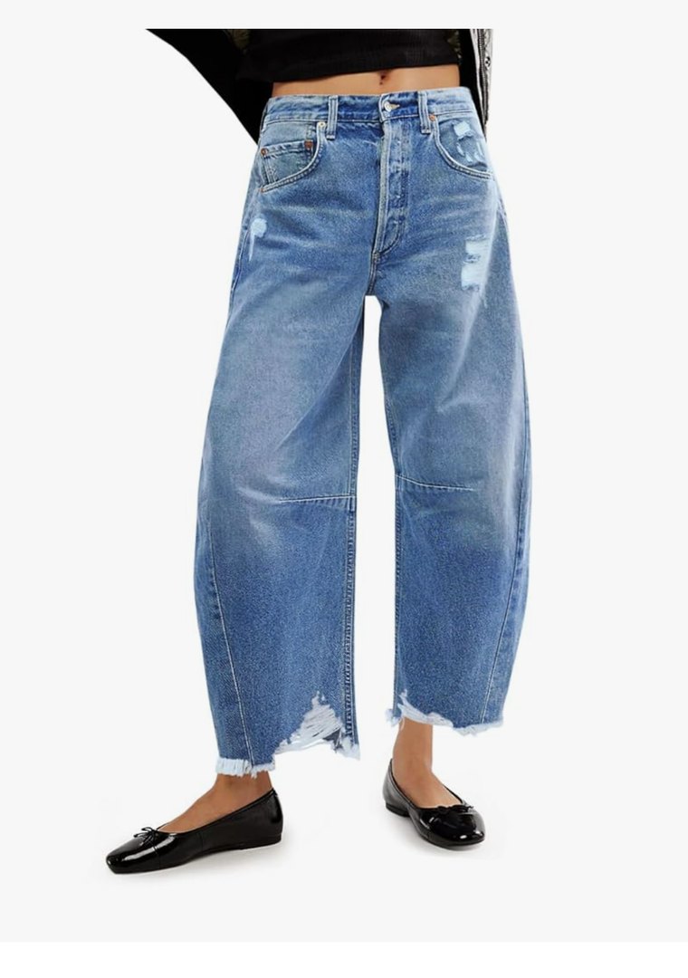 Allimy Womens High Waisted Barrel Horseshoe Baggy Jeans Trendy 2025 with Raw Hem Non Stretch, Size 14
