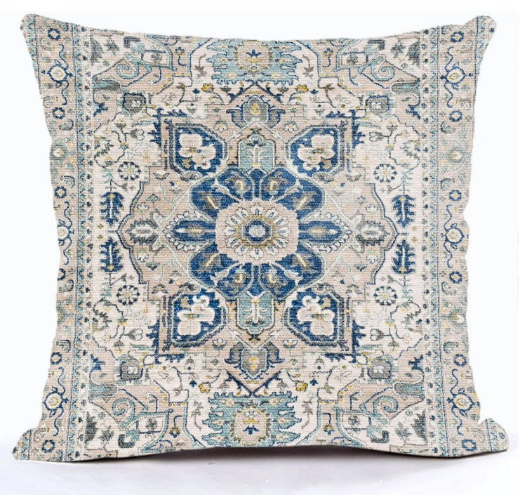 Blue Boho Style Throw Pillow Cover Ethnic Design Pattern Linen Persian Carpet Tribal Pattern Throw Pillow Case 20x20 inch Cushion Cover Home Office Decorative Square 2Pcs 