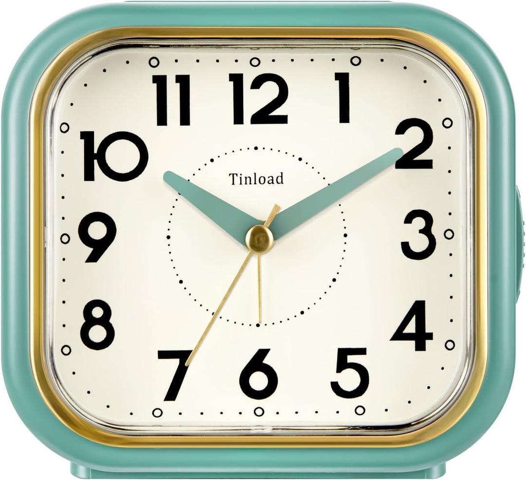 4.3" Retro Analog Alarm Clock • Silent Non Ticking • Gentle Wake • Beep Sounds • Increasing Volume • Battery Operated Snooze and Lighted on Demand • Retro Green