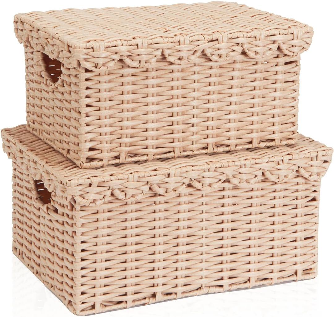 FairyHaus Scalloped Wicker Basket with Lid, Waterproof Wicker Storage Basket with Removable Tray Lid Cream, Handwoven Plactic Wicker Bakests for Nursery 2Pack, 15 x 11.22 x 7& 13 x 9.45 x 5.9