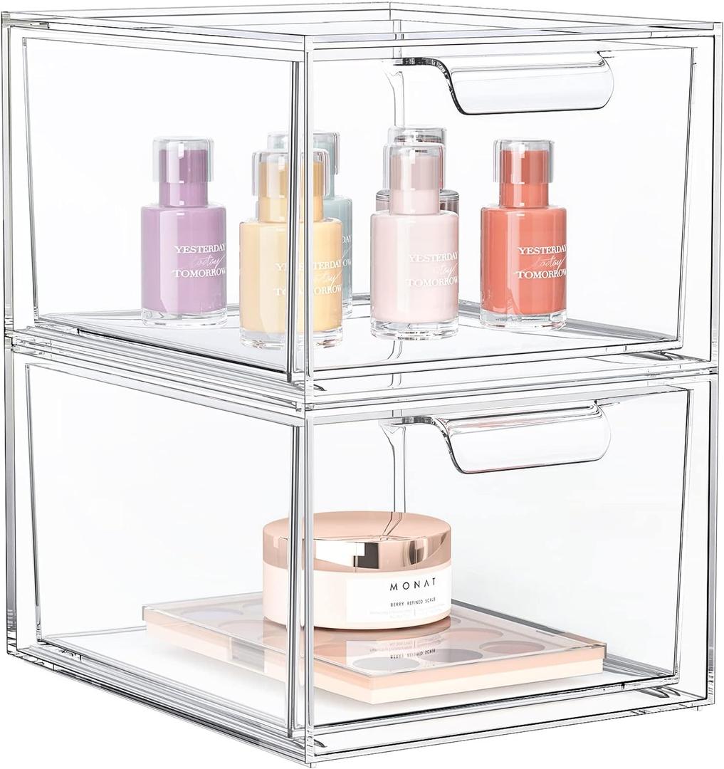 2 Pack Stackable Makeup Organizer and Storage, Acrylic OrganizersClear Plastic Storage Drawer with Handles for Vanity, Undersink, Kitchen Cabinets, Pantry