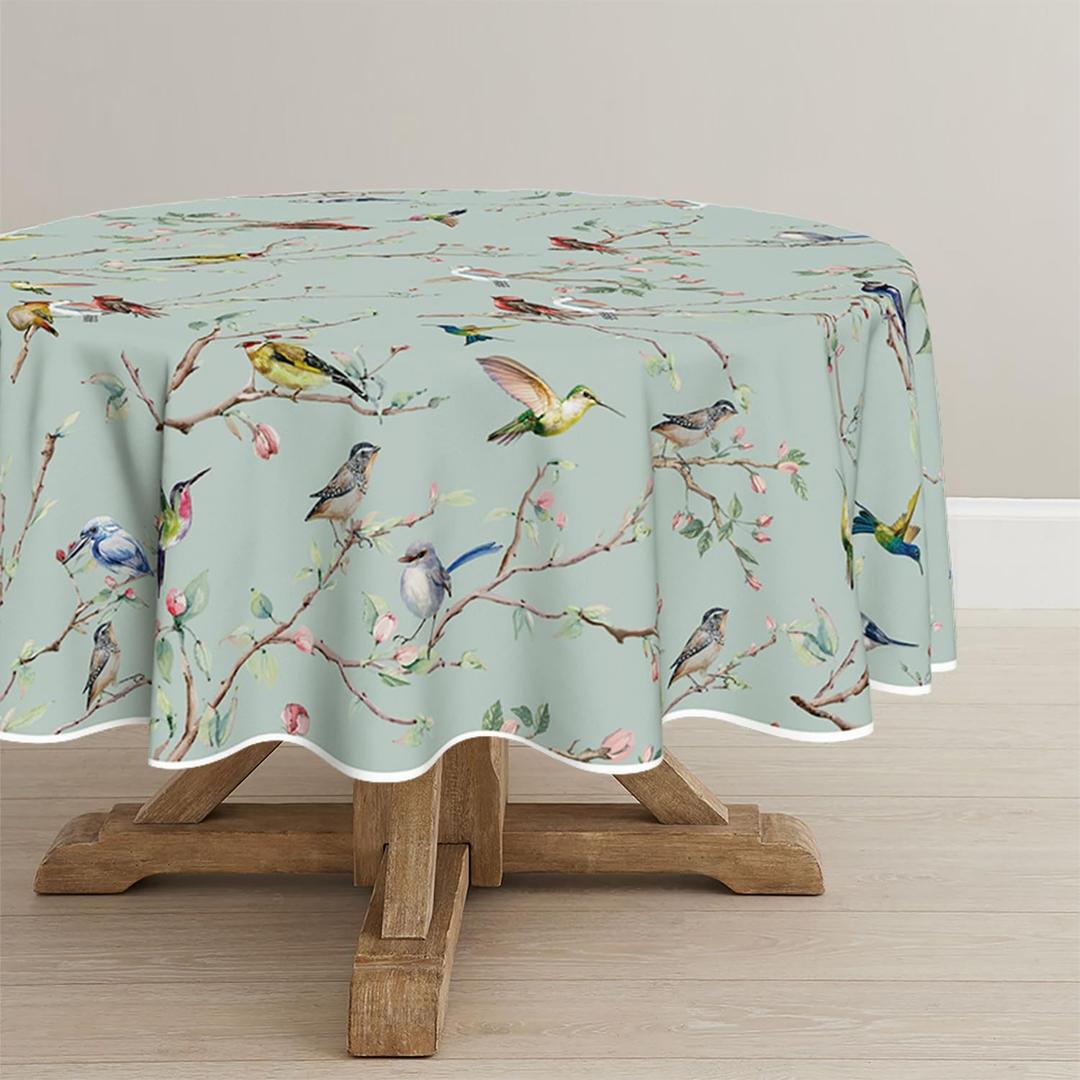 Horaldaily Spring Tablecloth 6060 Inch Round, Birds Branch Green Floral Washable Seasonal Table Cover for Party Picnic Dinner Decor