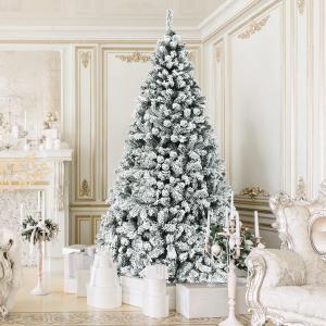  9 FT Pre-Lit Christmas Tree, Snow Flocked Hinged Xmas Tree with 1498 Branches Tips & 550 LED Lights, Metal Stand, Artificial Pine Lighted Holiday Tree for Home Office Decorations