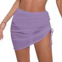 Leoparts Women's High Waisted Bikini Bottom with Mesh Sheer Skirt Ruched Drawstring Swimsuit Bathing Suit Bottom (Purple)