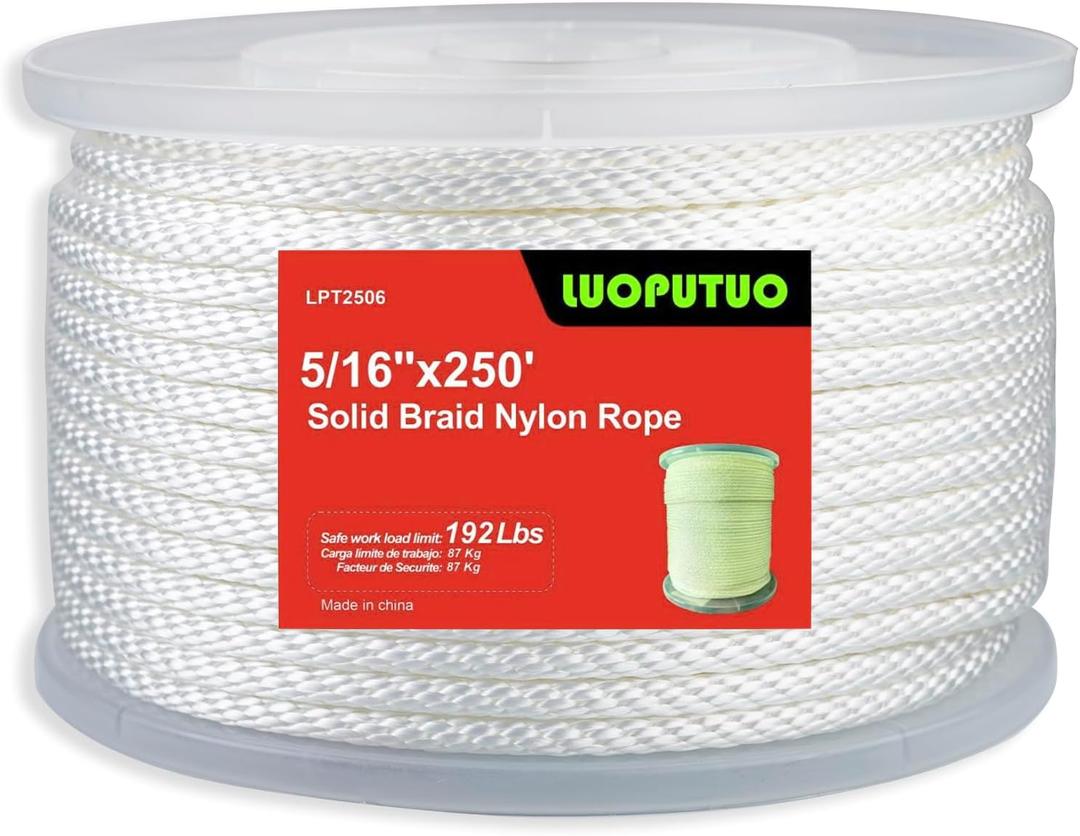 5/16 Inch 250ft White Nylon Solid Braid Rope | High UV & Abrasion Resistance | Industrial Grade, Low Stretch | Multipurpose for Flag Poles, Clotheslines