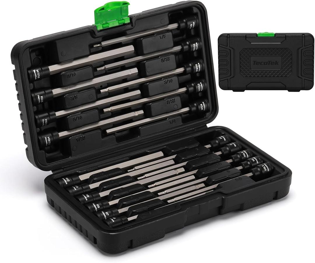 TecoTek 20-Piece 3/8 Inch Drive Extra Long Allen Hex Bit Socket Set, SAE (1/8"-7/16) and Metric (3mm-12mm), CR-V & S2 Alloy Steel, Enhanced Storage Case