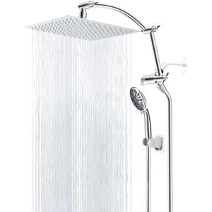 Hibbent All Metal Shower Head, 8'' High Pressure Rain Shower Head, Handheld Showerhead Combo for Bathroom, 16'' Adjustable Shower Extension Arm, 7 Sprays, 71'' Hose, Adhesive Showerhead Holder, Chrome