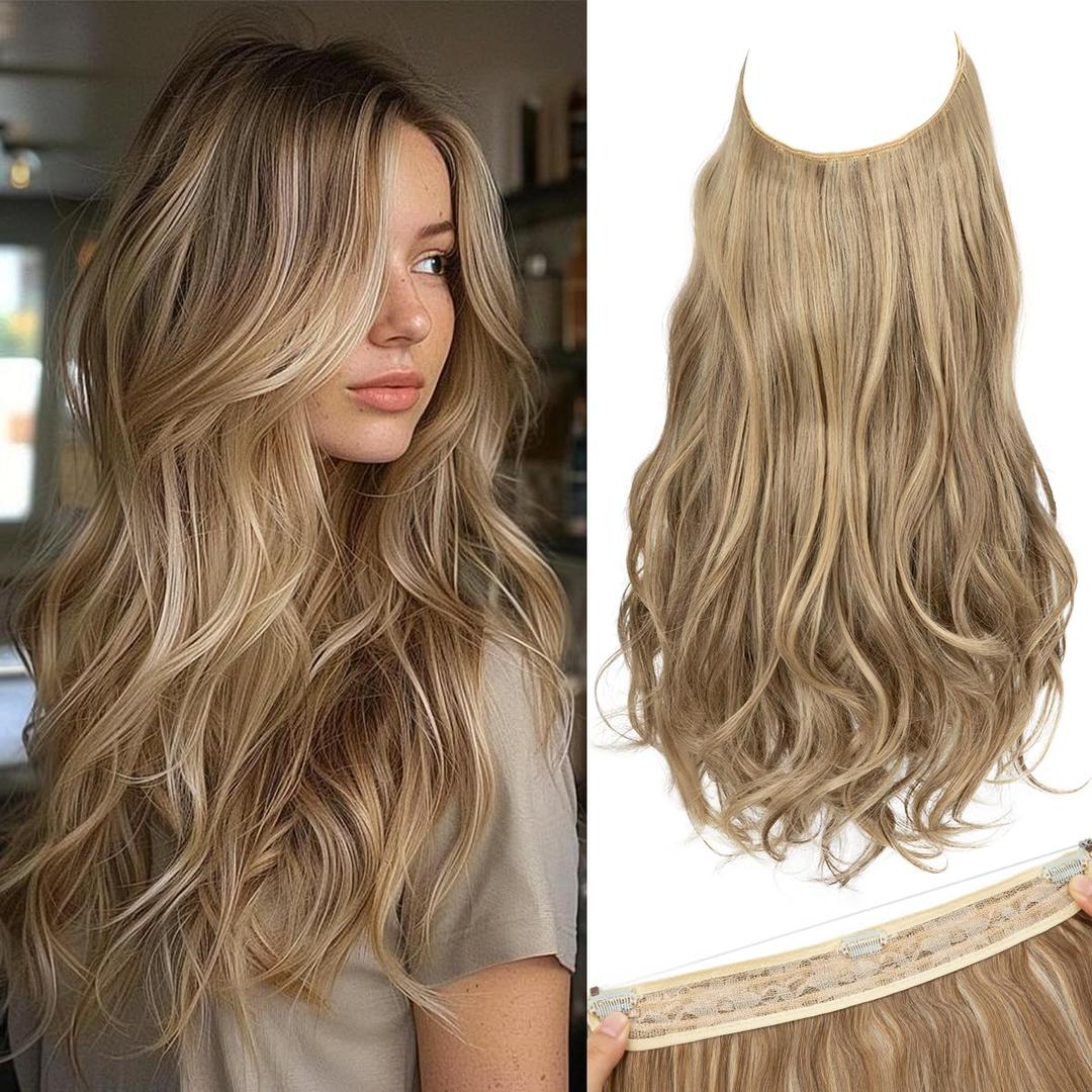 SARLA Invisible Wire Hair Extensions with 3 Clips Short Wavy Curly Synthetic Hairpiece for Women Adjustable Transparent Headband 14 Inch Sand