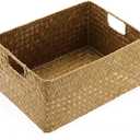 Hipiwe Seagrass Storage Basket Bin Rectangular Handwoven Wicker Storage Box with Handle Opened Baskets Box for Shelf Organizing Closet Bathroom, Caramel, Medium