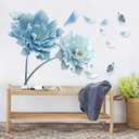 ROFARSO 49.2'' x 30.7'' 3D Blue Flowers Butterflies Wall Stickers Vinyl Removable Large Wall Decals Art Decorations Decor for Bedroom Living Room Office Study Room Murals