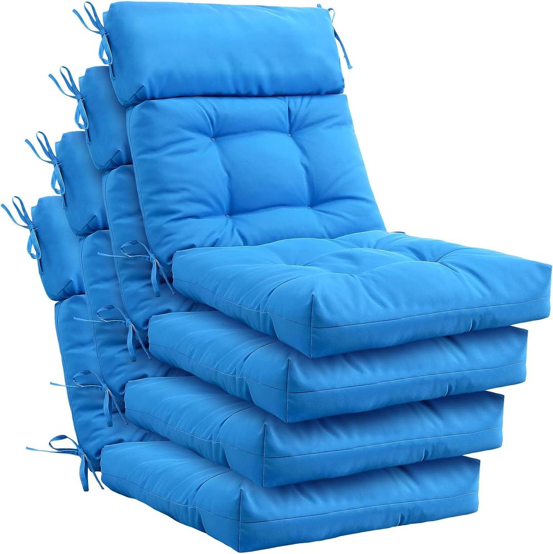 Barydat 4 Pack High Back Chair Cushion Indoor Outdoor Tufted Seat and Back Chair Rocking Pads Lounge Porch Seat Cushion with Ties for Patio Furniture, 43.4 x 21 x 3.3 Inch (Blue)