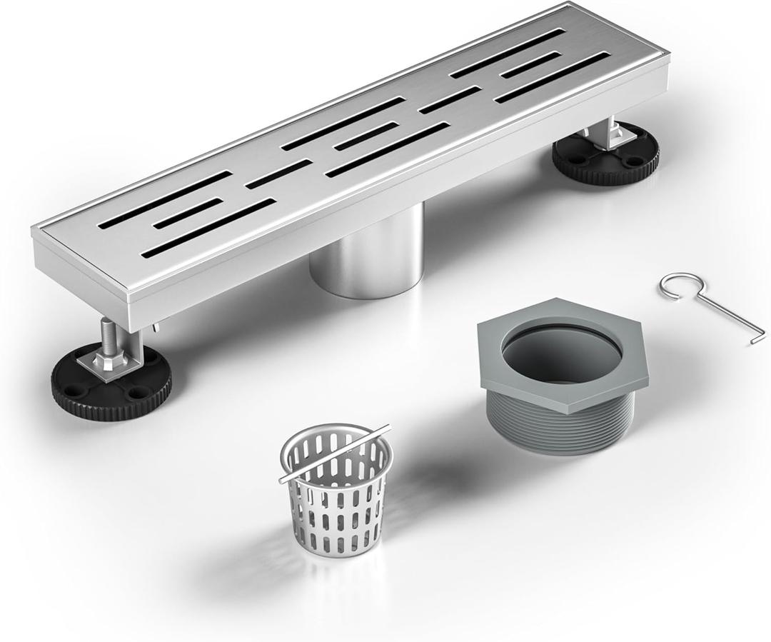 Linear Shower Drain 12" Brushed 304 Stainless Steel | with Drain Grate | Fast Drainage | Stainless Floor Drain Grate | Hair Strainer | Drain Key | The Upgrade for Your Bathroom (12 Inch)
