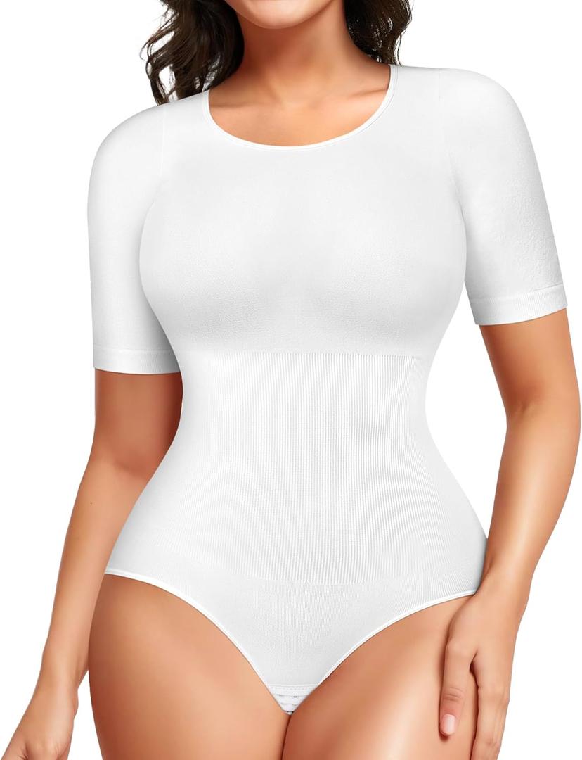 BRABIC Womens Bodysuit Shapewear for Tummy Control Seamless Sleeveless Tank Tops Body Shaper (Large, White Short Sleeve)