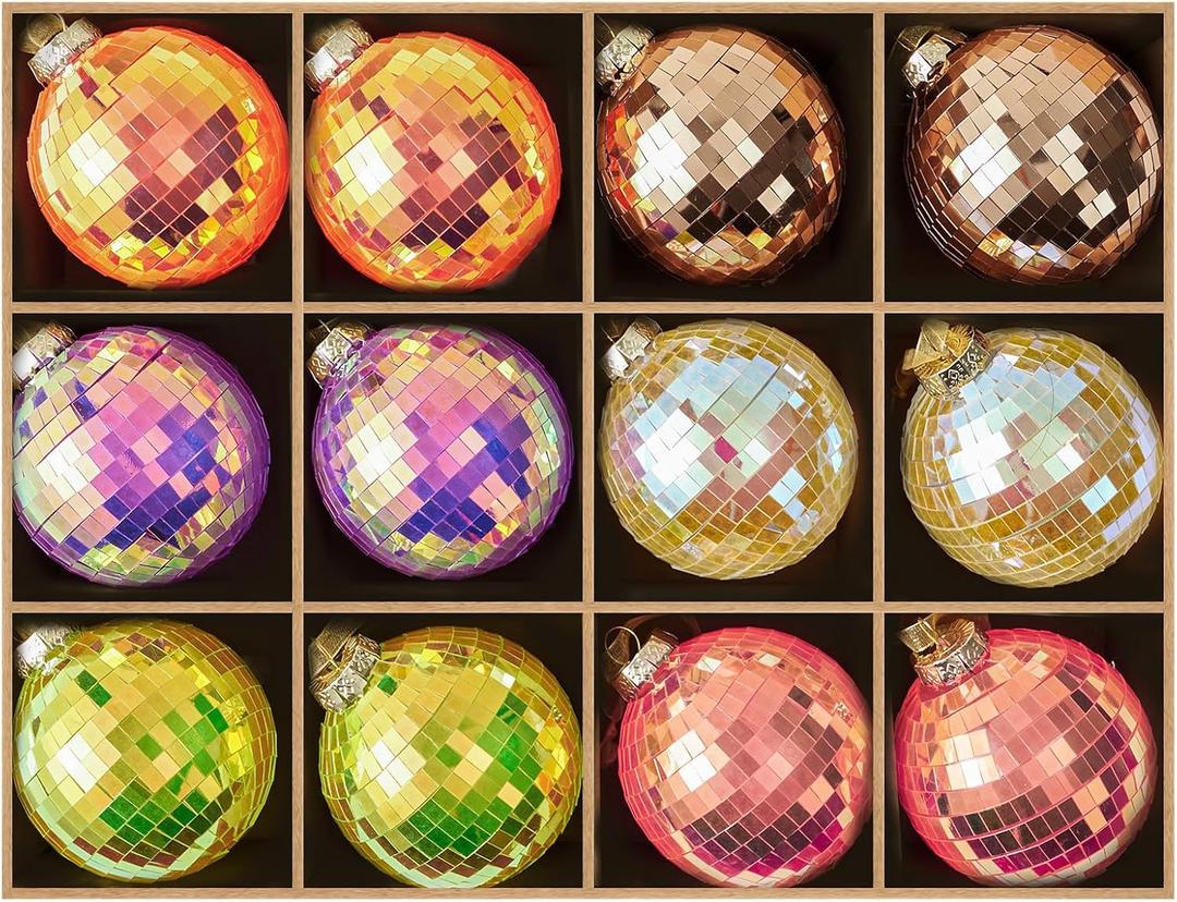 WDS WONDROUS Christmas Disco Ball Ornaments Set of 12  3.14 Colorful Xmas Tree Decorations with Iridescent Laser Effect, Glass Christmas Ornaments for Indoor Party Decor Holiday