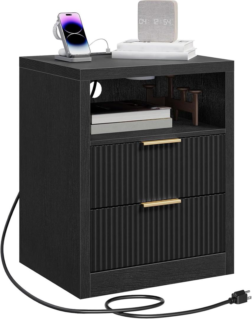 Fluted Nightstand with Charging Station, End Table with 2 Drawers, Wooden Night Stand with Open Storage Cabinet, Modern Bedside Table for Bedroom, Living Room, Office, Black ETBK254E01