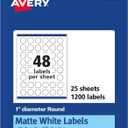 Avery Matte White Round Labels, Sure Feed Technology, 1" Diameter, 1,200 Matte White Printable Labels