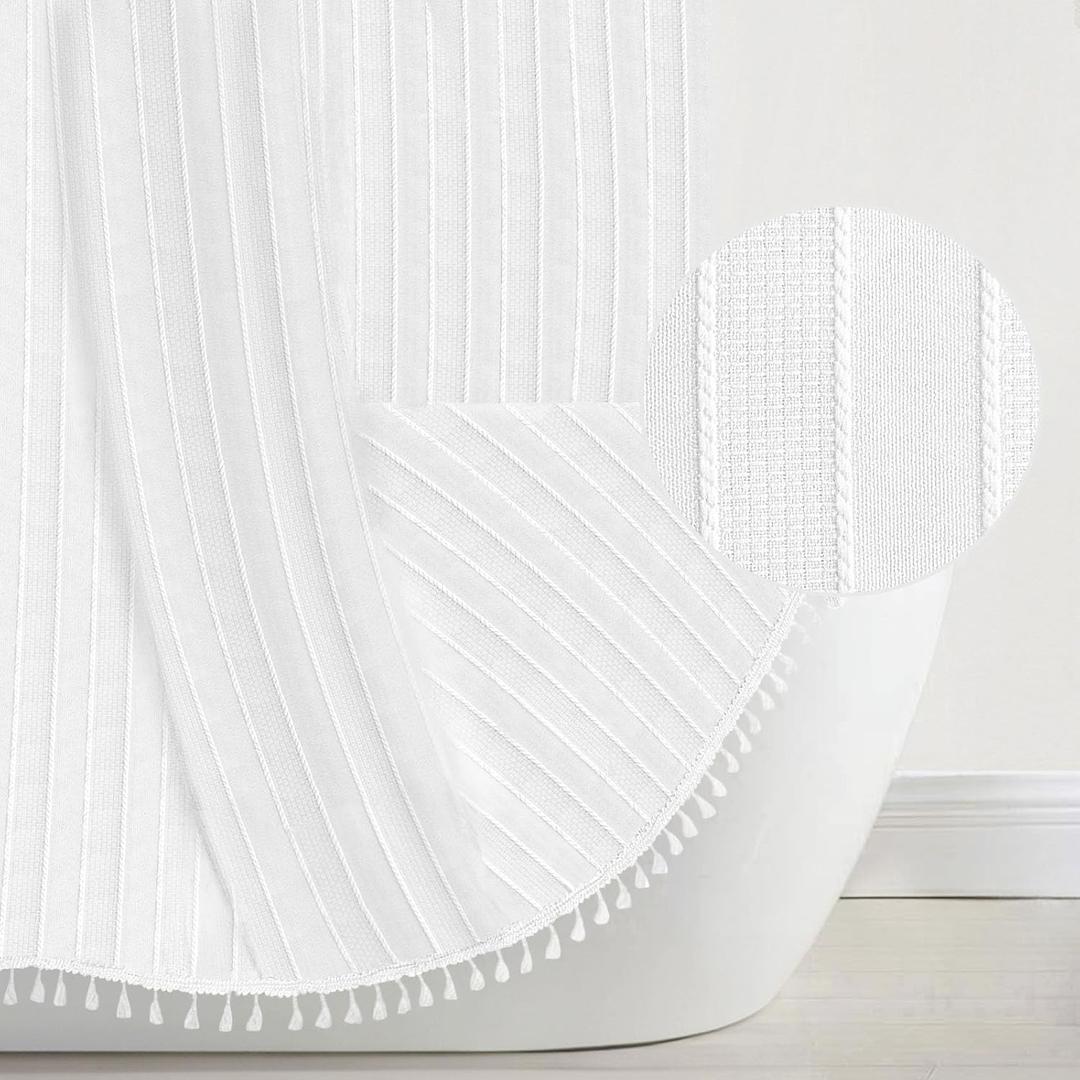 Seasonwood White Fabric Shower Curtain Boho Chic Striped Textured Tassel Shower Curtains for Bathroom, Wrinkle Free, Shabby Chic Cloth Shower Curtain Set with Hooks, 72x72 (72"W x 72"L (Pack of 1), White Striped)