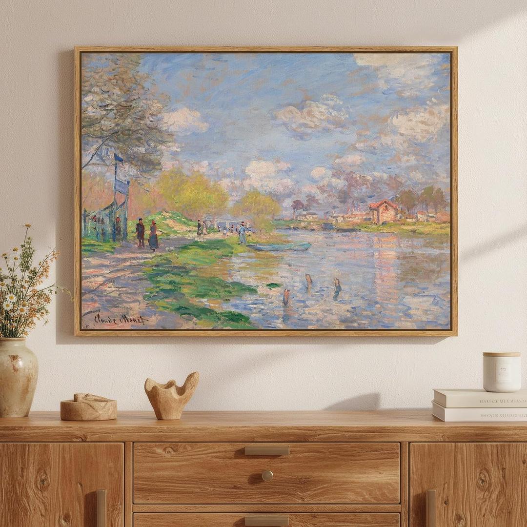 Framed Claude Monet Landscape Canvas Wall Art, Large Impressionist Artwork for Walls, Blue Scenery Classic Aesthetic Prints Paintings for Living Room Farmhouse Bedroom Wall Decor 32x24 Inch