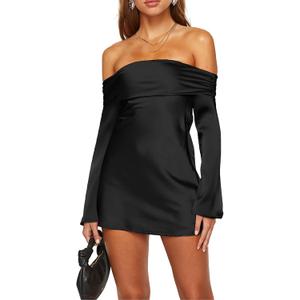 HYPERFIRE Women's Elegant Satin Off The Shoulder Long Sleeve Mini Dress Tie Back Wedding Cocktail Dresses (Black) Small