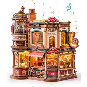 ROBOTIME Moving Coffee Factory 3D Wooden Puzzle for Adults Mechanical Building Kit with Music Box & Warm LED Lights, 593PCS No-Glue Book Nook Kit, Miniature House Kit Desk Decor, Unique Gift
