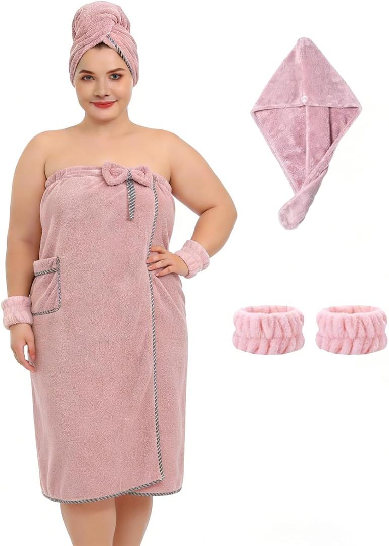 Defresit Plus Size Women's Towel Wrap (XXL-XXXXL) with Hair Towel Wristbands Lightweight Shower Wrap Spa Bathrobe Body Wrap Adjustable Quick-Dry Comfortable Bath Towel Set Machine Washable Blush Pink