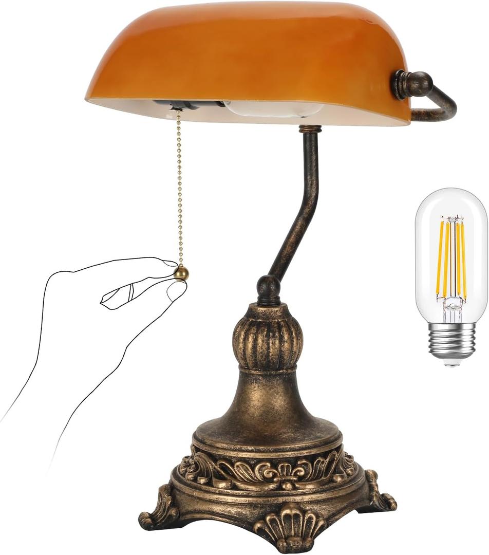 NISSAFORS Bankers Lamp with Pull Switch, Amber Glass Desk Lamp with Retro Black/Gold Finish, Vintage Table Lamps for Living Room, Home Office, Library, Piano LED Bulb Included (Amber)