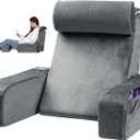 Reading Pillow for Sitting in Bed - Back Pillow for Sitting Up - Back Support Pillow with Detachable Neck Roll & Arms - Full Support - Reading & Bed Rest Pillows for Watching TV/Reading/Gaming (19 Inch Tall, Grey)