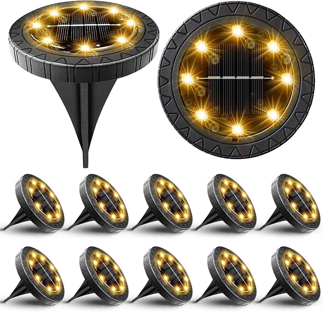 Solar Powered Ground lights 12 Pack,Waterproof LED Solar Lights Outdoor Solar Disk Lights Decorative,Solar Garden Lights for Landscape Pathway Patio Yard Walkway Path Lawn Driveway Lighting Warm White (Black)