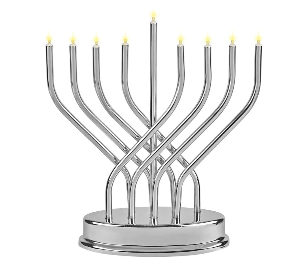 The Dreidel Company Hanukkah Silver Menorah Low Voltage Battery Powered Contemporary Metal Designed Menorah, LED Bulbs Electric, 10.6 Inches Tall