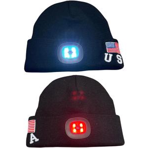 LED Beanie Hat with Rechargeable Headlight & Rear Red Light, 3 Modes, USB Charging, Warm Winter Cap with USA Logo (Black)